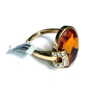 18K Gold Plated Cocktail Ring w Faux Amber Rhinestone